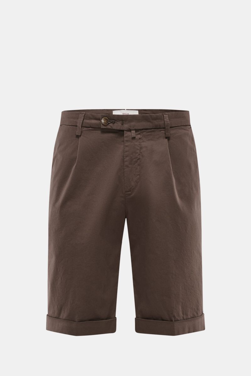 Briglia 1949 Bermudas dunkelbraun, Slim Fit aus elastischer Baumwolle, mit Reißverschluss, Bundknöpfen, Taschen, Saumaufschlag, Frontalansicht.