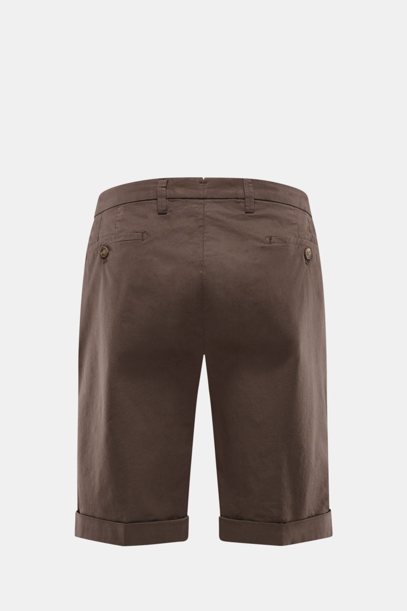 Briglia 1949 Bermudas dunkelbraun, Rückansicht, Slim Fit, elastische Baumwolle, weicher Griff, französische und paspelierte Taschen, fixierter Saumaufschlag.