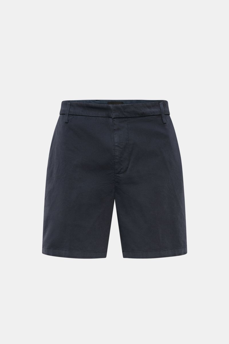 Dondup Shorts 'Manheim' navy, frontale Nahaufnahme, Regular Fit, hohe Leibhöhe, elastische Baumwolle, Reißverschluss, französische Taschen, Metall-Initial.