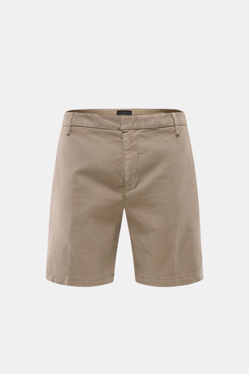 Front view of taupe Dondup Shorts 'Manheim', made from a stretchy linen and lyocell blend with zip, slide-button, French pockets, back flap pockets, and signature metal initial. Enjoy carefree days in the warm weather – the 'Manheim' shorts by DONDUP are 