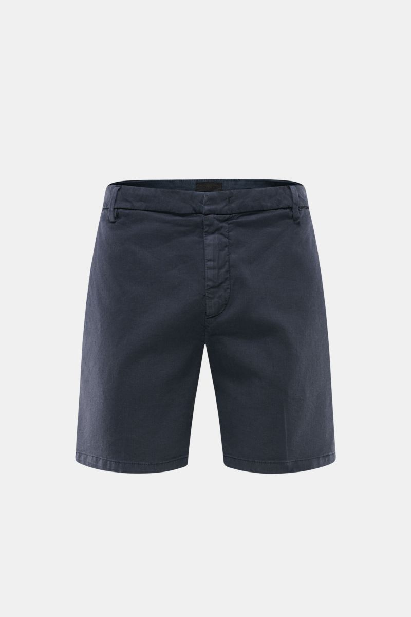 Front view of Dondup Shorts 'Manheim' navy, made from a stretchy blend of linen and lyocell, soft and lightweight, regular fit with zip and slide-button, French pockets, back pockets with flap and button, garment-dyed with elasticated fabric and signature