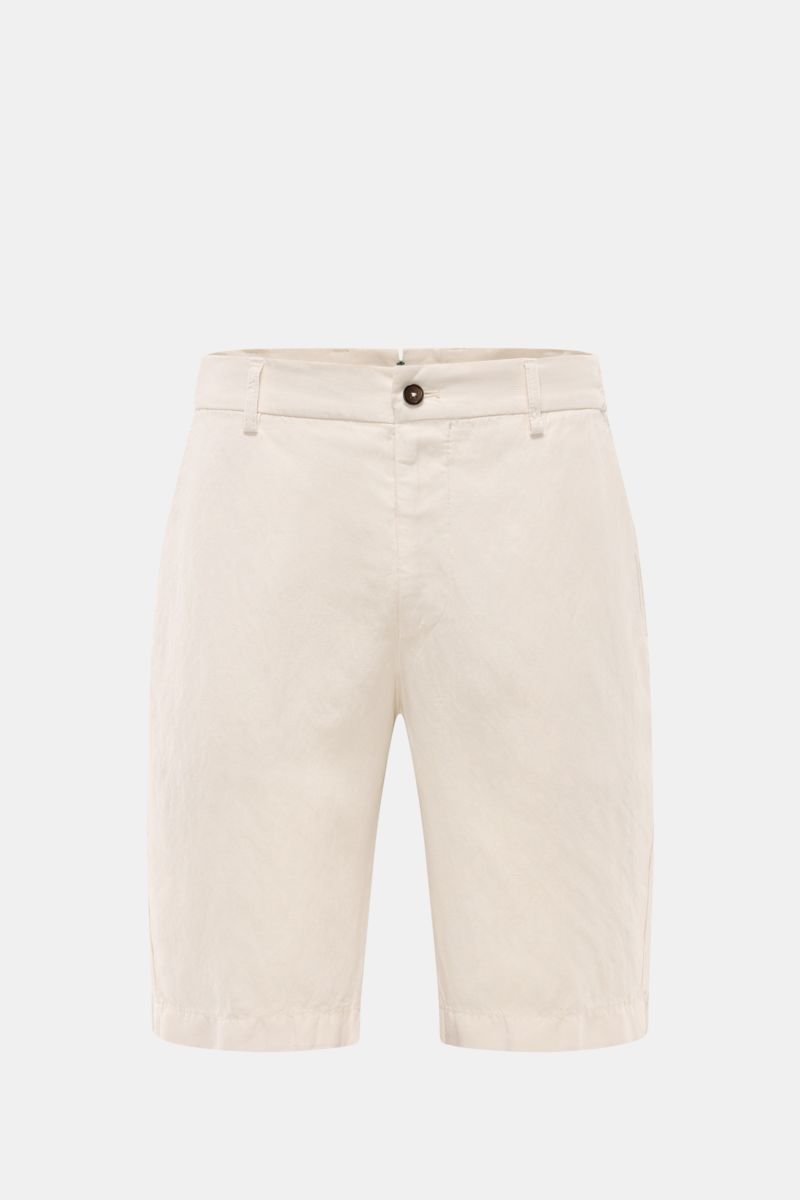 Front view of Berwich Bermudas 'Elax' sand in lyocell and linen blend, featuring a soft feel, regular fit, zip, waist button, elasticated waistband, French and hip pockets.

Description: With the model 'Elax', BERWICH presents a pair of comfortable Ber