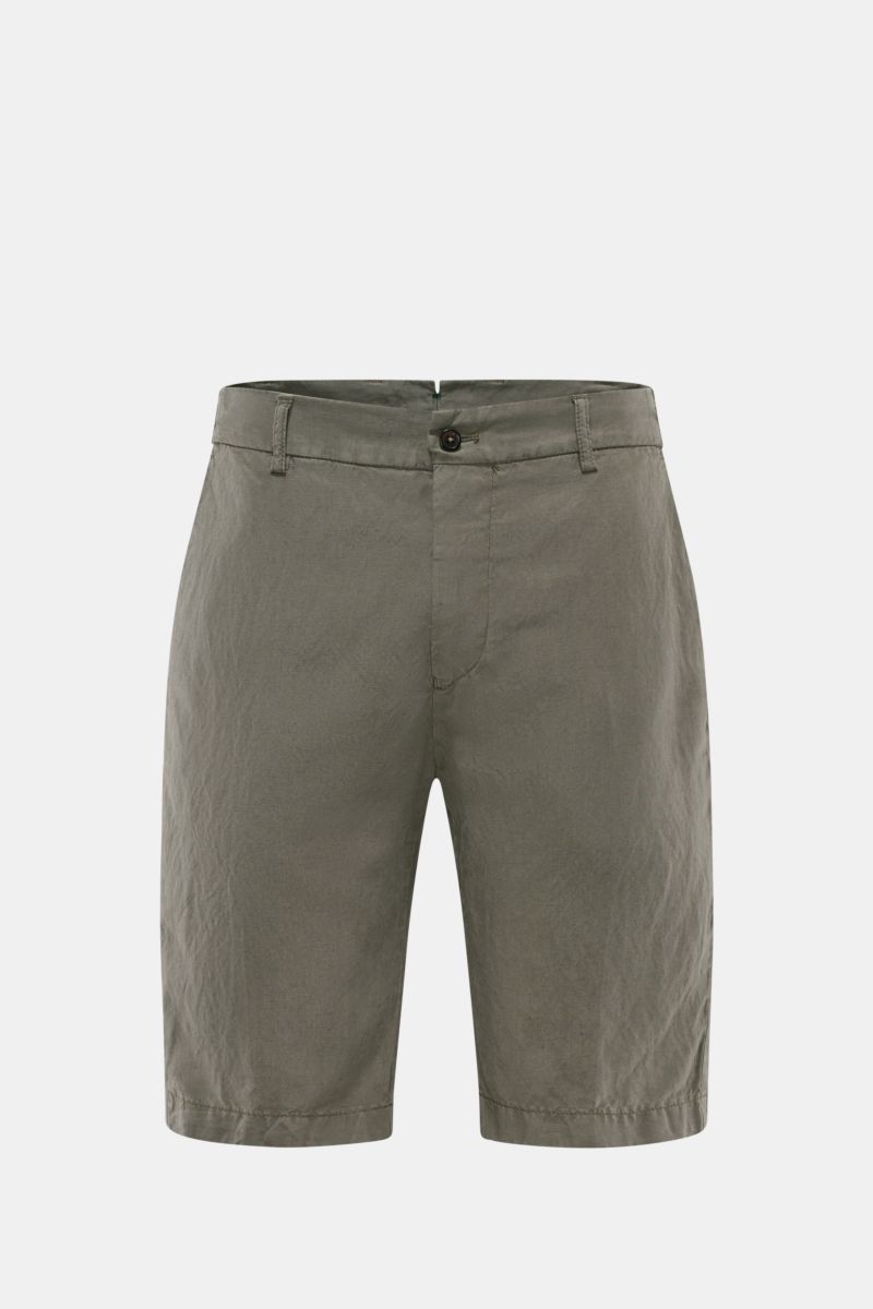 Front view of Berwich Bermudas 'Elax' grey-green in a soft lyocell and linen blend, featuring regular fit, zip, button, and pockets.