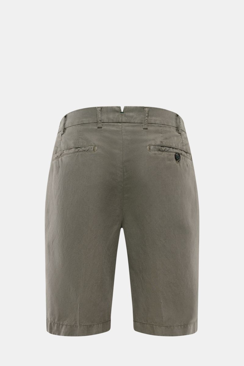 Rear view of Berwich Bermudas 'Elax' grey-green made from a soft lyocell and linen mix, featuring a regular fit, zip and waist button, partially elasticated waistband, French pockets, and hip pockets on the seat, perfect for hot days and holidays.