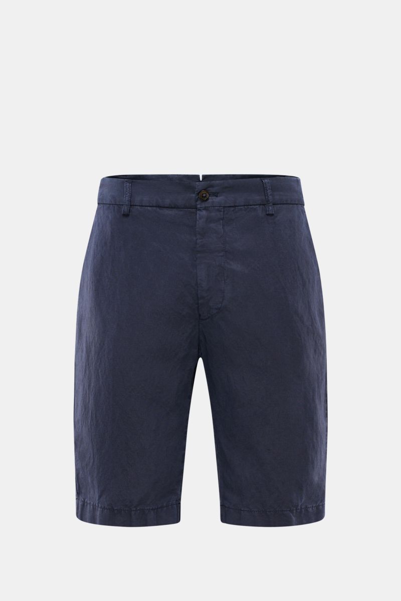 Front view of Berwich Bermudas 'Elax' navy, comfortable regular fit shorts made from a soft lyocell and linen blend with zip, button, and pockets.