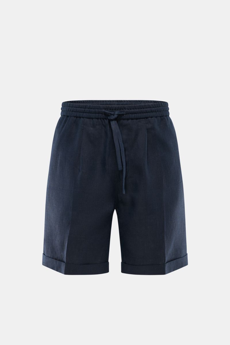 Aurélien Leinen-Shorts 'Seaside' navy, frontale Nahaufnahme, aus reinem Leinen mit elastischem Bund, Tunnelzug, Bundfalte und fixiertem Saumaufschlag.