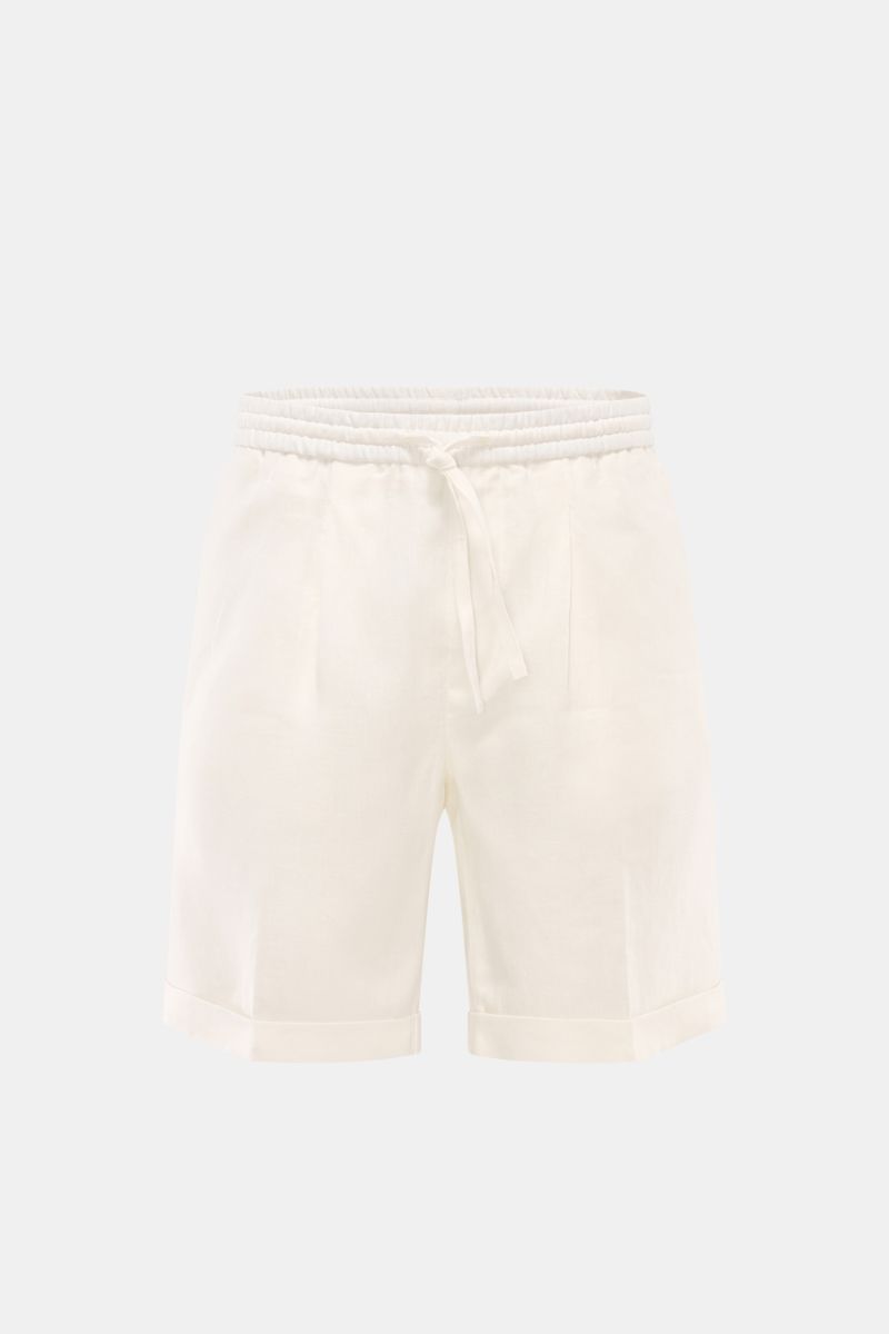 Aurélien Leinen-Shorts 'Seaside' offwhite, frontale Nahaufnahme mit elastischem Bund, Tunnelzug, französischen Taschen, fixiertem Saumaufschlag, Regular Fit, reine Leinenqualität.
