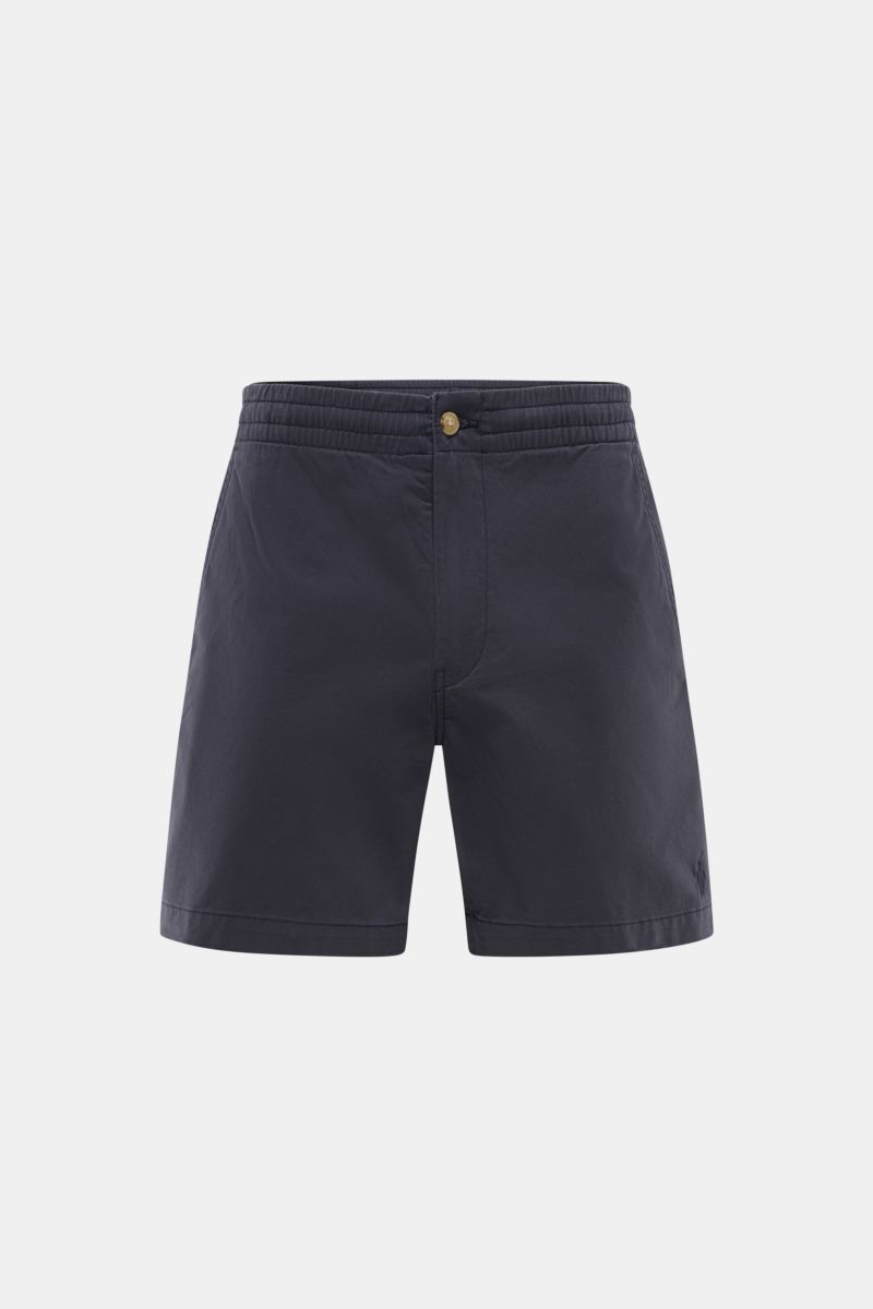 Polo Ralph Lauren Shorts 'Prepster' navy shown from the front, slightly stretchy cotton twill, elasticated waistband with drawstring, zip and button, French pockets, jetted back pockets with button, logo stitching on front, regular fit, soft feel. An eye-