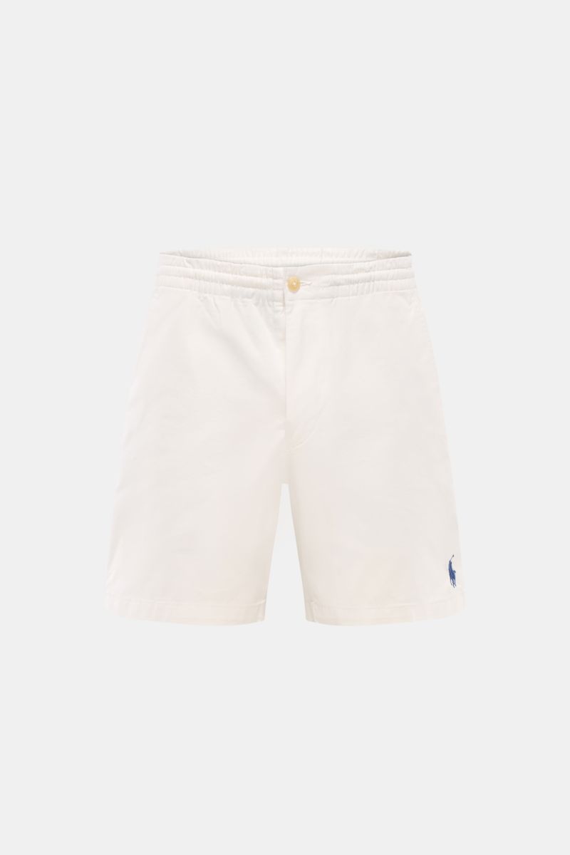 Polo Ralph Lauren Shorts 'Prepster' off-white shown from front top perspective, elasticated waistband with drawstring, zip, button, French pockets, jetted back pockets with buttons, logo stitching. An eye-catching piece for summer: These shorts by POLO RA
