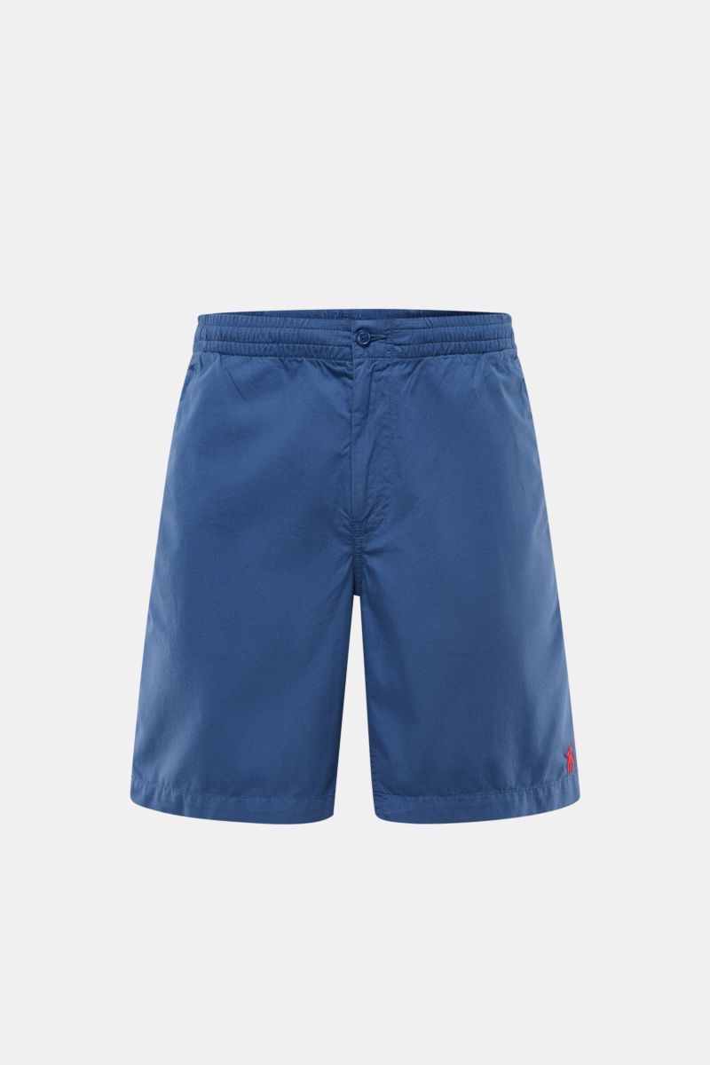 Polo Ralph Lauren Shorts 'Prepster' dunkelblau, frontale Nahaufnahme, reine Baumwolle, weicher Griff, Regular Fit, elastischer Bund mit Tunnelzug, Reißverschluss, Bundknopf, französische Taschen, paspelierte Gesäßtaschen, Logo-Stitching, sommerlicher Eyec