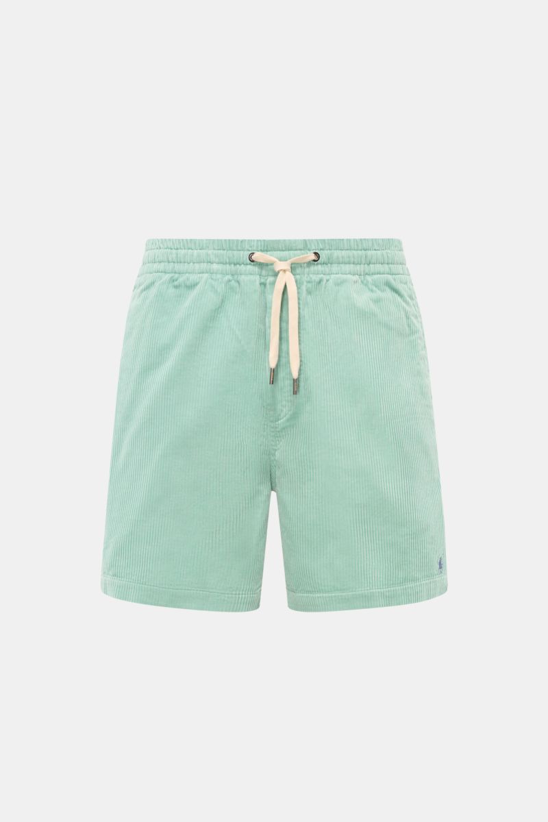 Polo Ralph Lauren Cord-Shorts mint, frontale Nahaufnahme, Regular Fit, reine Baumwolle, weicher Griff, elastischer Bund mit Tunnelzug, französische Taschen, Logo-Stickerei.