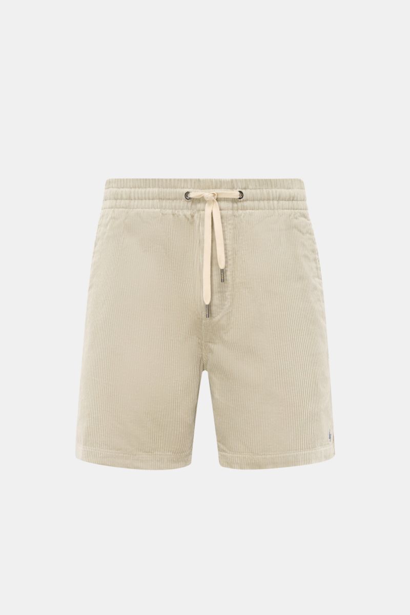 Polo Ralph Lauren Cord-Shorts sand aus reiner Baumwolle mit elastischem Bund, Tunnelzug, französischen Taschen, Regular Fit, aufgenommen frontal.