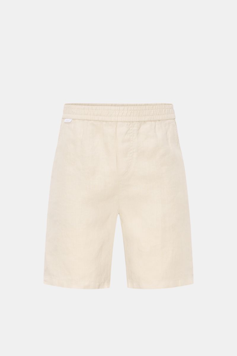 Front view of 04651/ A trip in a bag Linen shorts beige, comfortable pure linen with elastic waistband, French pockets, patch back pocket, garment-dyed, soft feel, regular fit, small woven label.