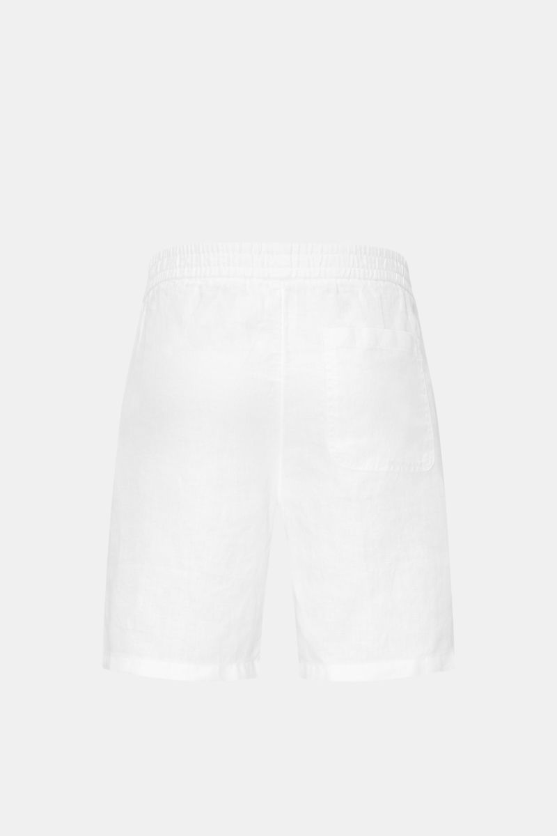 Rear view of 04651/ A trip in a bag Linen shorts white in airy pure linen with elastic waistband, French pockets, patch back pocket, soft feel.