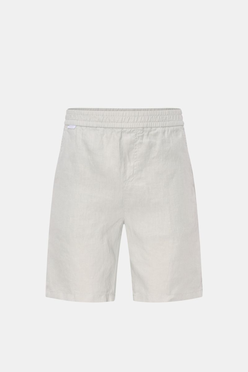 Front view of 04651/ A trip in a bag Linen shorts light grey, made from airy, garment-dyed pure linen with elastic waistband, French pockets, soft feel, regular fit, small woven label on waistband, and patch back pocket; perfect for hot days and vacations