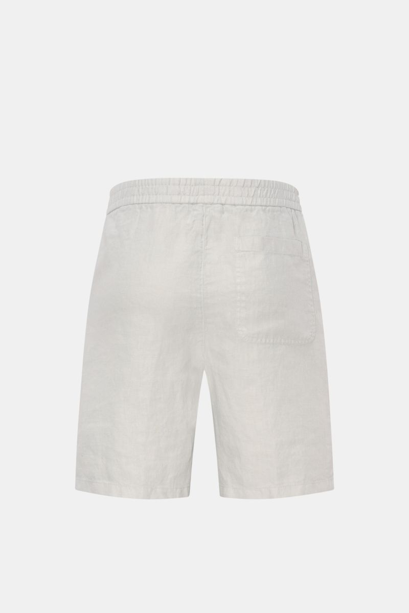 Rear view of 04651/ A trip in a bag Linen shorts light grey, showing elastic waistband, patch back pocket, airy linen fabric, and soft feel.

Description: With this airy model, 04651/ A TRIP IN A BAG presents a comfortable pair of pure linen shorts tha