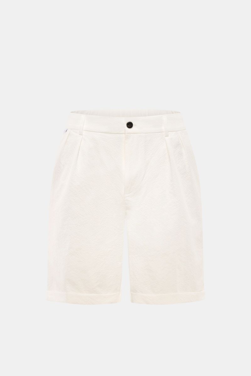 Front view of 04651/ A trip in a bag Seersucker shorts white, made from textured microfibre seersucker, regular fit with double pleats, French and hip pockets, partially elasticated waistband, small woven label, and fixed hem turn-up, perfect for lightwei