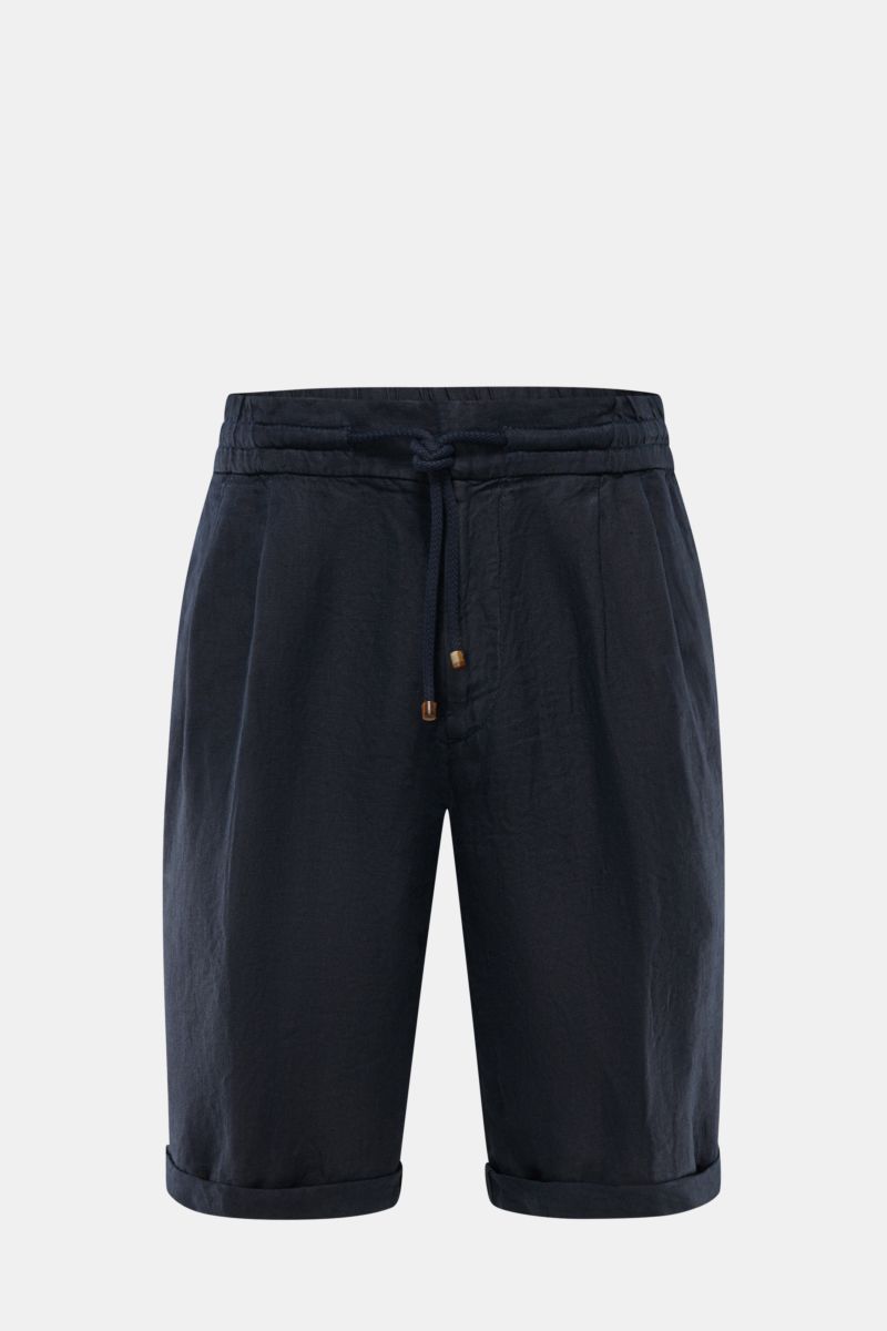 Front view of Brunello Cucinelli Bermudas navy in pure linen, featuring elastic waistband with drawstring, zipper, hook, French pockets, and flap back pockets. Souveräne Sommer-Eleganz: Die Bermudas von BRUNELLO CUCINELLI verbinden hohen Tragekomfort mit 