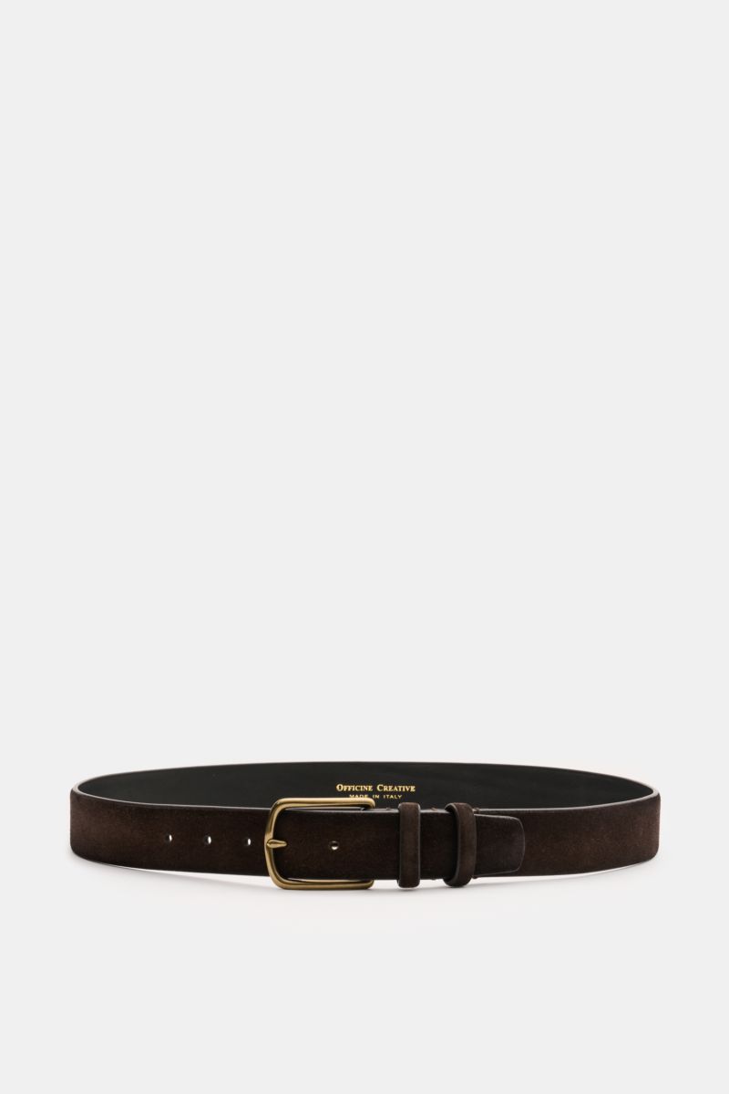 Front view of Officine Creative Gürtel dunkelbraun, a dark brown suede belt with a smooth texture, brass prong buckle, two loops, 3 cm wide, Made in Italy, a stylish classic for elegant outfits.