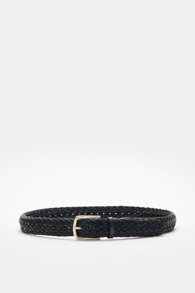 Front view of Orciani Flechtgürtel navy, a luxury braided leather belt with brass buckle, loop, made in Italy, approx. 3 cm wide.