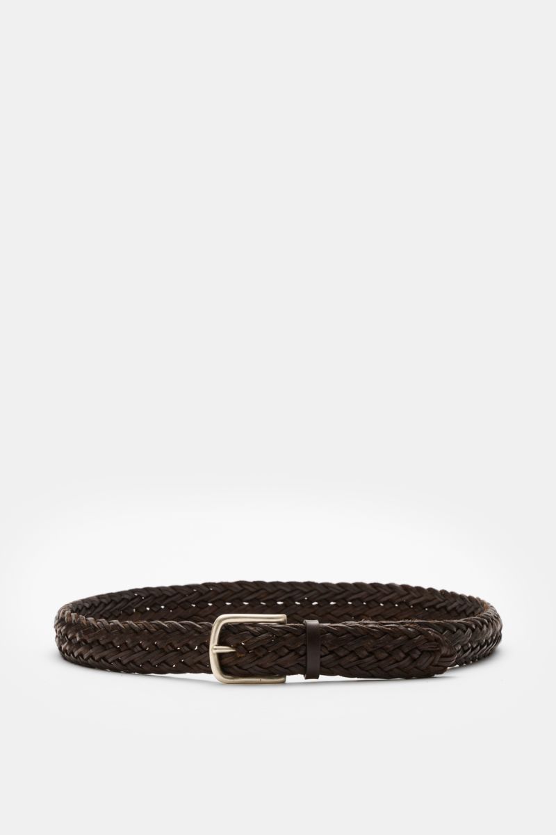 Orciani Flechtgürtel dunkelbraun shown from front low angle, braided dark brown leather belt with brass buckle, loop, 3 cm wide, made in Italy, luxurious summer accessory.