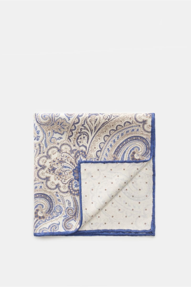 Silk pocket square cream/dark blue/grey-brown patterned
