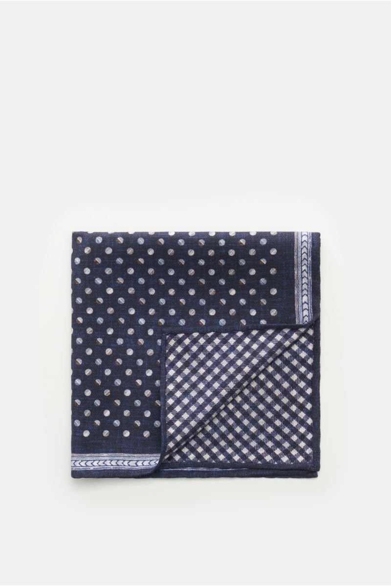 Silk pocket square navy/off-white/brown with polka dots