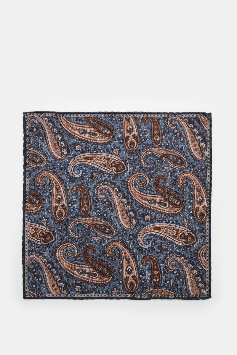 Rosi Collection Seiden-Einstecktuch 'Easy' graublau/hellblau/braun gemustert, reine Seide, Paisley-Muster, handrollierte Kanten, 31x31 cm, Made in Italy.