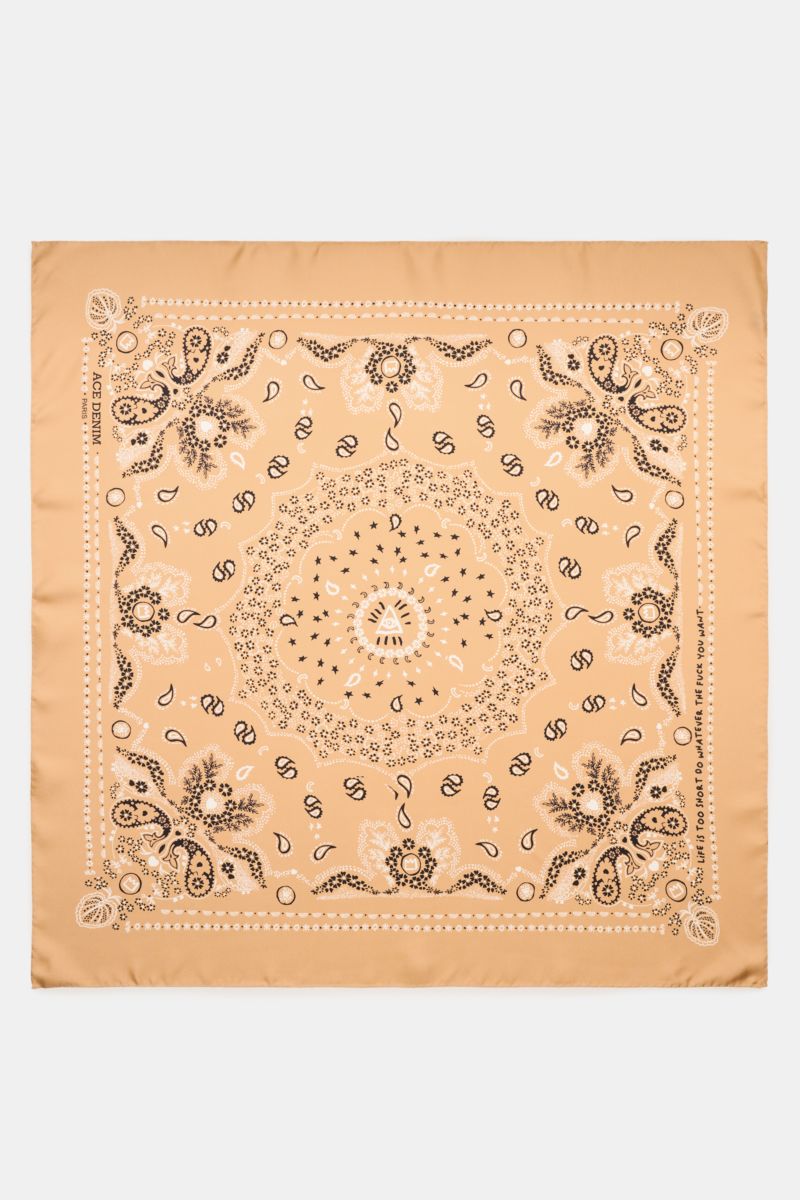 Ace Denim Silk scarf light brown/black/white patterned laid flat, top-down view showing paisley design, pure silk, soft feel, 90x90 cm, casual summer bandana accessory. Eye-catching for the warm season: The ACE DENIM silk scarf in a bandana design is a ca