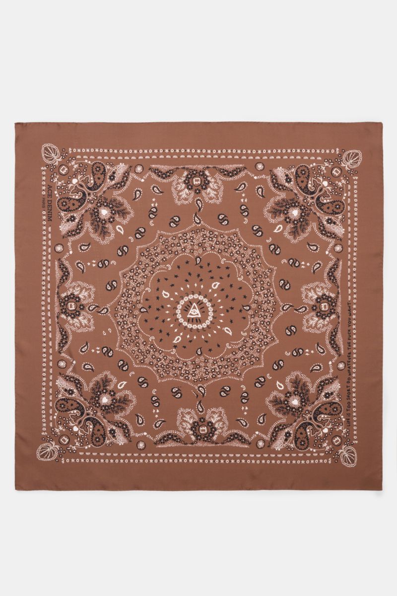 Top-down view of the Ace Denim Silk scarf brown/black/white patterned with paisley design, pure silk, soft feel, approx. 90x90 cm. Eye-catching for the warm season: The ACE DENIM silk scarf in a bandana design is a casual statement accessory for summer lo