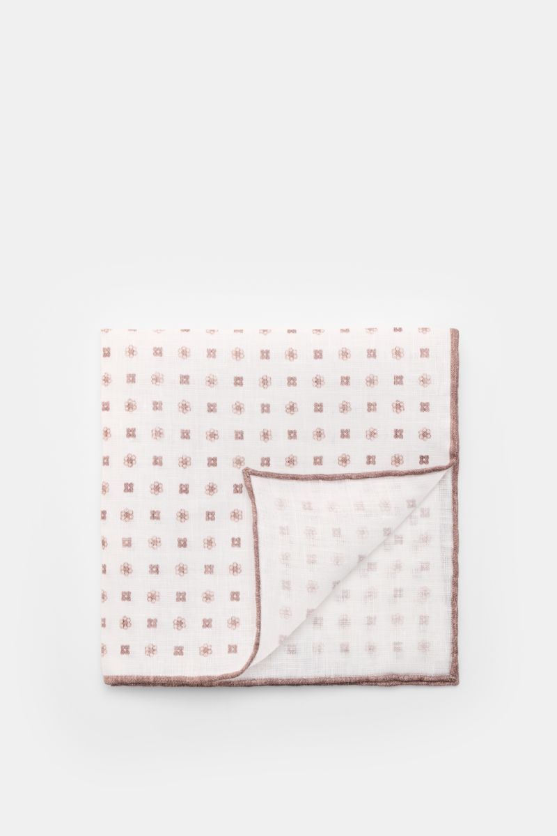 Rosi Collection Linen pocket square 'Fox' white/brown patterned shown from top, pure linen, soft feel, floral print, rolled edges, made in Italy, 31.5 cm x 31.5 cm.