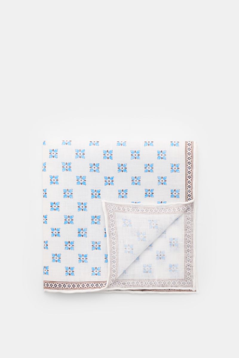 Rosi Collection Linen pocket square 'Fox' white/brown/blue patterned, pure linen, soft feel, floral print with edging, rolled edges, made in Italy, 31x31 cm, top-down view.