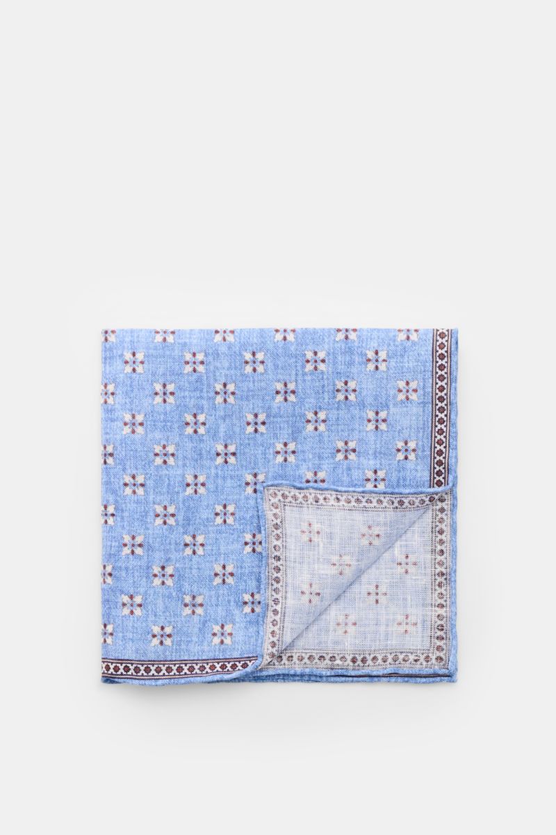 Rosi Collection Linen-pocket square 'Fox' blue/red-brown/off-white patterned shown from above, pure linen with soft feel, floral print with edging, rolled edges, made in Italy, dimensions 31 cm x 31 cm.