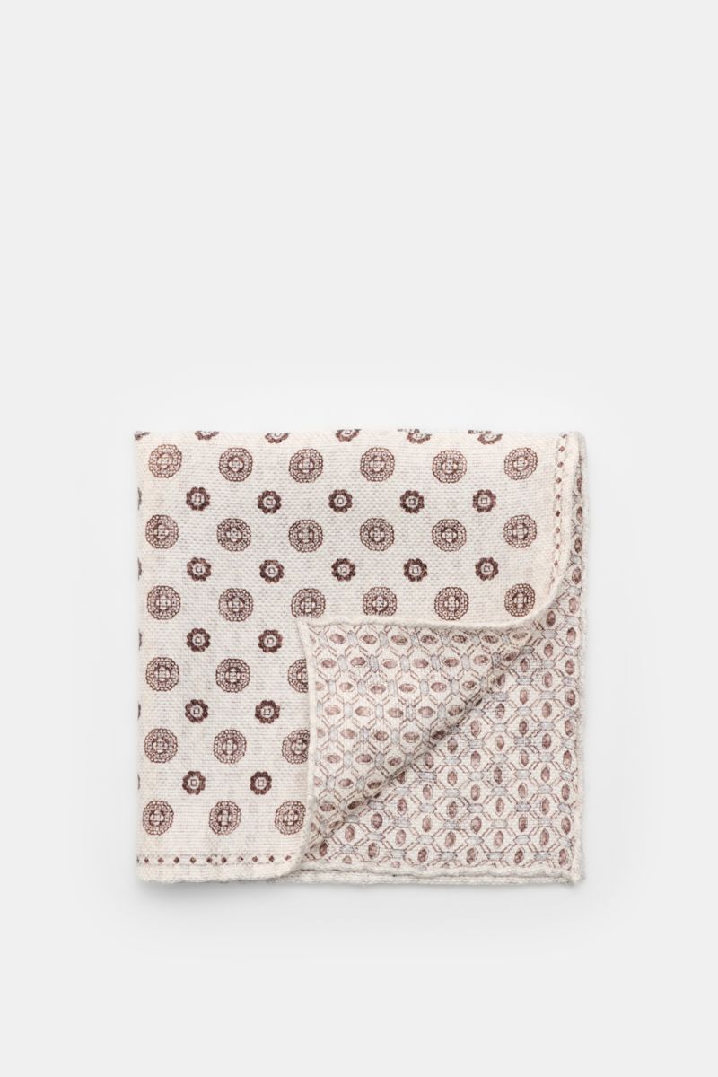 Rosi Collection Einstecktuch 'Joy' offwhite/dunkelbraun gemustert, flach liegend von oben, florales Retro-Design, Seide-Leinen-Mix, doppelseitig, Made in Italy.