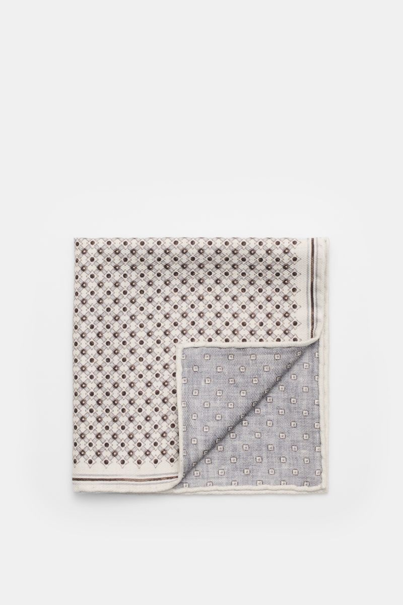 Brunello Cucinelli Seiden-Einstecktuch sand/dunkelbraun/grau gemustert, quadratisch, mit grafischem Print, weicher Griff, Vorder- und Rückseite, rollierte Kanten.
