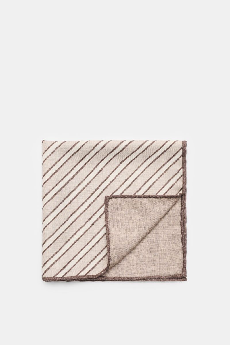Brunello Cucinelli Seiden-Einstecktuch dunkelbraun/beige gestreift, handrollierte Kanten, reine Seide, ca. 35x35 cm, flach liegend von oben.