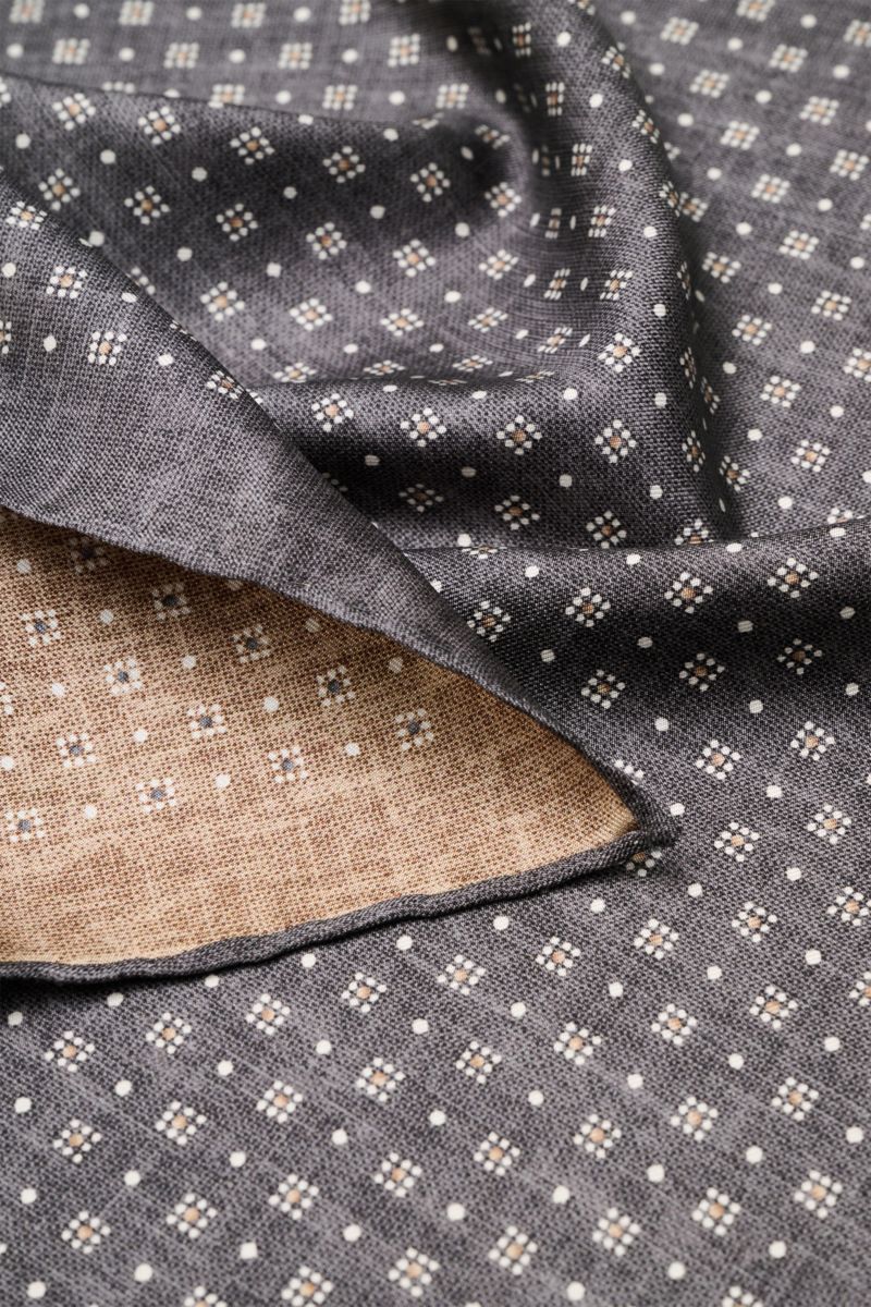 Close-up view of the Brunello Cucinelli Seiden-Einstecktuch dunkelgrau/graubraun/weiß gemustert showing its fine graphic pattern and hand-rolled edges.

Quiet Luxury kann BRUNELLO CUCINELLI besonders gut und bringt auch in dieser Saison passende Einste