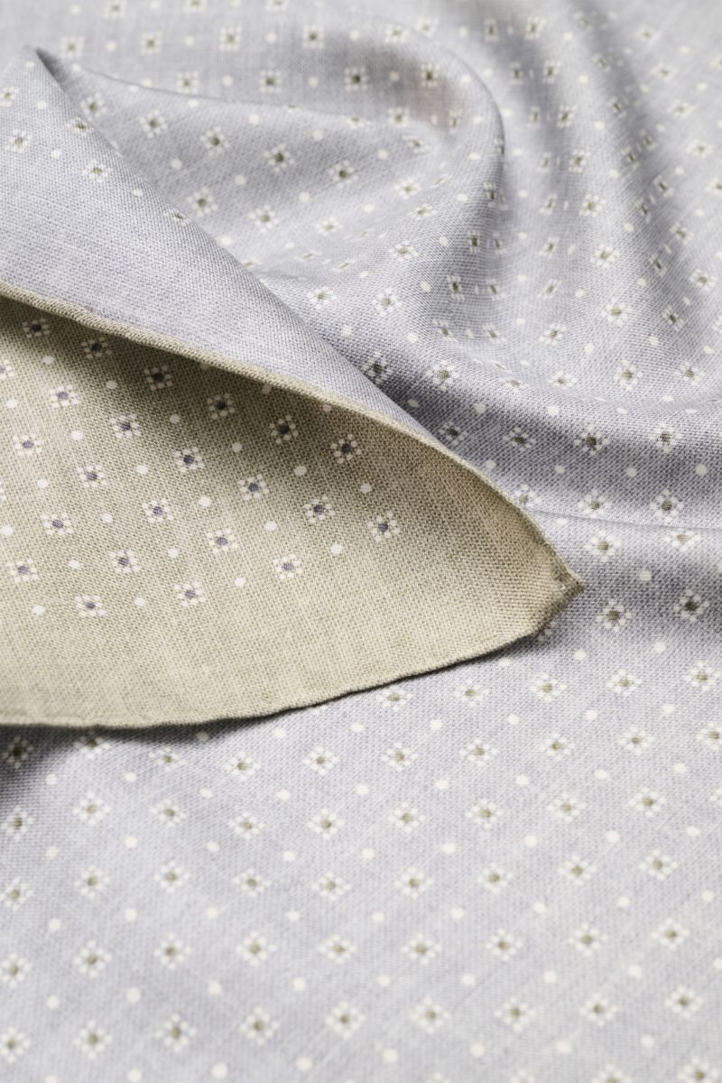 Brunello Cucinelli Seiden-Einstecktuch salbei/grau/weiß gemustert shown close-up from above, highlighting fine silk and graphic pattern.

Quiet Luxury kann BRUNELLO CUCINELLI besonders gut und bringt auch in dieser Saison passende Einstecktücher, wie d