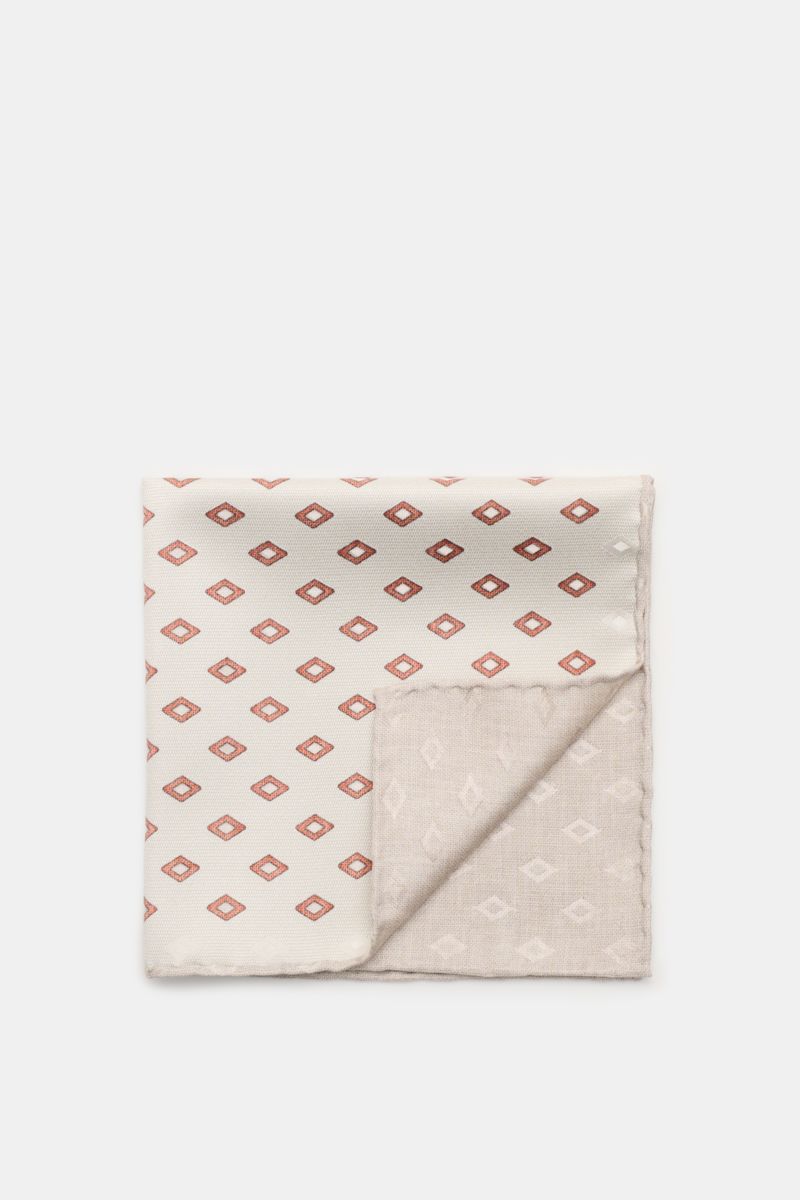 Brunello Cucinelli Seiden-Einstecktuch sand/rostbraun/beige gemustert, von oben fotografiert, reine Seide, edles Rautenmuster, rollierte Kanten, Made in Italy.