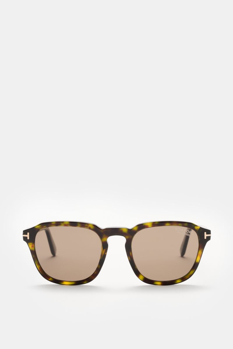 Tom Ford Sonnenbrille 'Avery' grün/dunkelbraun gemustert, eckig, Acetatrahmen, polarisierte Kunststoffgläser, frontal fotografiert.
