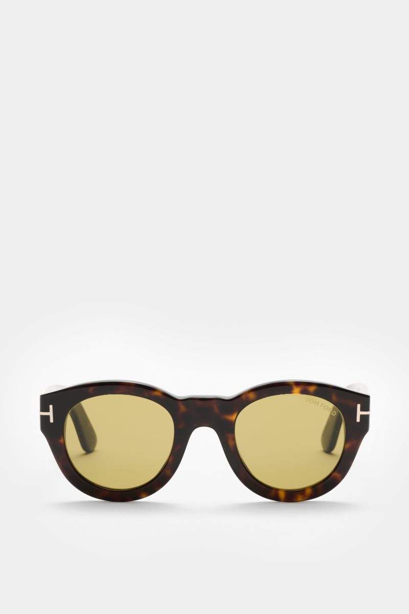Tom Ford Sonnenbrille 'Lucinda' dunkelbraun meliert, frontale Nahaufnahme, gerundete Silhouette, getönte Gläser, Acetat-Rahmen, UV-Schutz, Samt-Etui.