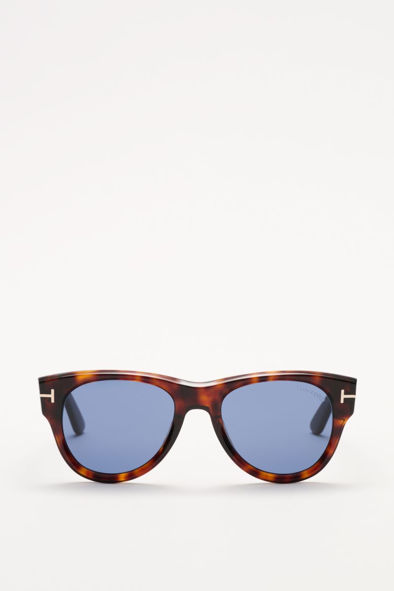 Tom Ford Sunglasses 'Burton' dark brown mottled front view with slightly rounded acetate frame, blue tinted lenses, 100% UV filter. Stylish all-rounder: With their timeless design, these sunglasses by TOM FORD are an ideal summer essential. Slightly round
