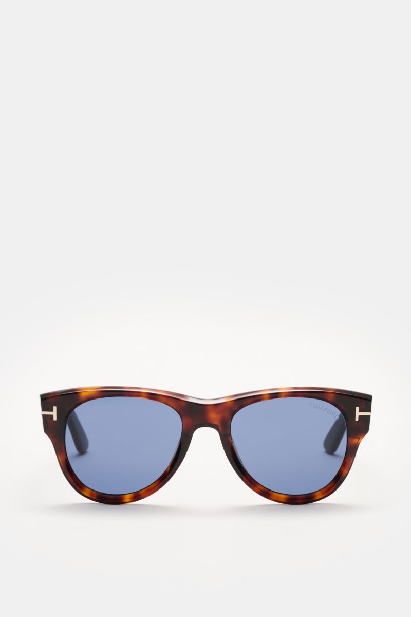 Front view of Tom Ford Sunglasses 'Burton' dark brown mottled acetate frame with slightly rounded silhouette, blue tinted lenses, 100% UV protection, filter category 3, including velvet hard case. Stylish all-rounder summer essential.