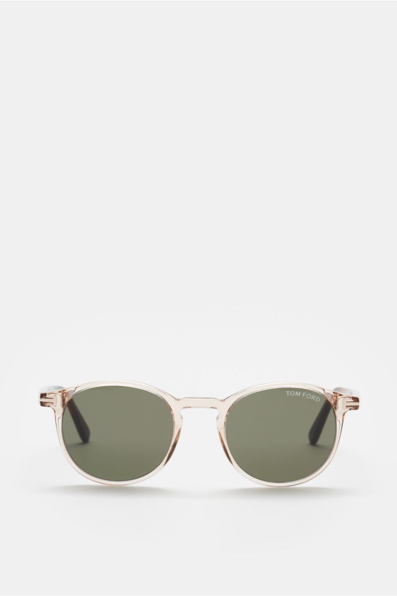Tom Ford Sonnenbrille 'Andrea' beige/braun gemustert/grün, front view, round silhouette with transparent acetate frame, green plastic lenses, tortoiseshell temples.
