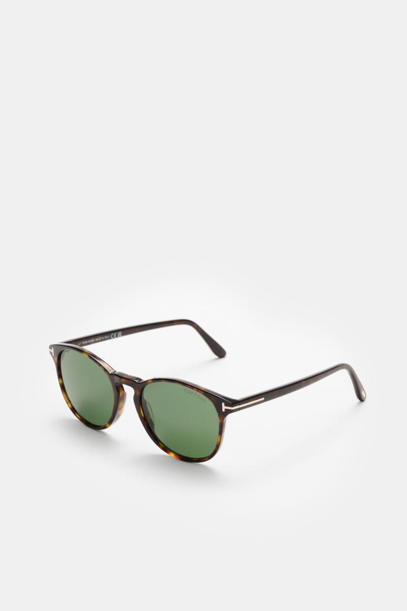 Tom Ford Sonnenbrille 'Lewis' dunkelbraun meliert, leicht gerundete Silhouette, melierte Acetat-Rahmen, grüne Kunststoffgläser mit 100% UV-Schutz, seitliche Perspektive.