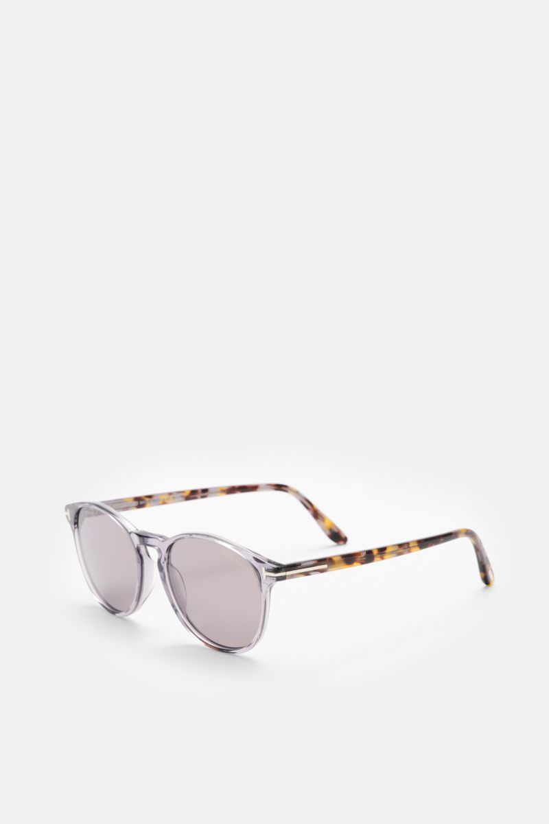 Tom Ford Sonnenbrille 'Lewis' grau/creme/dunkelbraun gemustert, leicht gerundete Silhouette, melierte Optik, Acetat-Rahmen, seitliche Perspektive.