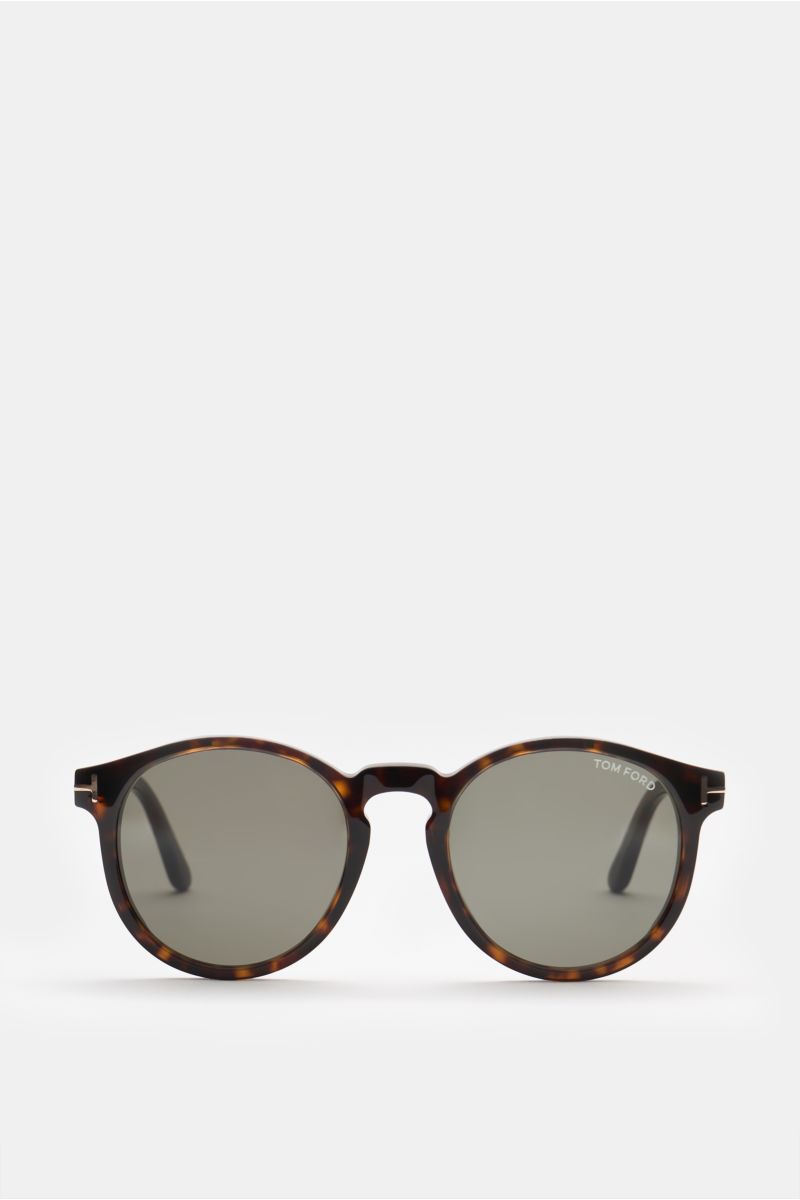 Tom Ford Sonnenbrille 'Ian' dunkelbraun gemustert, klassische Panto-Form, polarisiert, UV-Schutz, frontale Nahaufnahme, Acetat-Rahmen, gleichmäßige Tönung