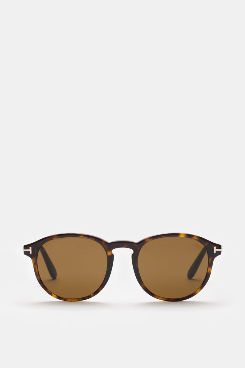 Tom Ford Sonnenbrille 'Dante' dunkelbraun gemustert/braun in klassischer Panto-Form, Acetat, Filterkategorie 3, frontal fotografiert.