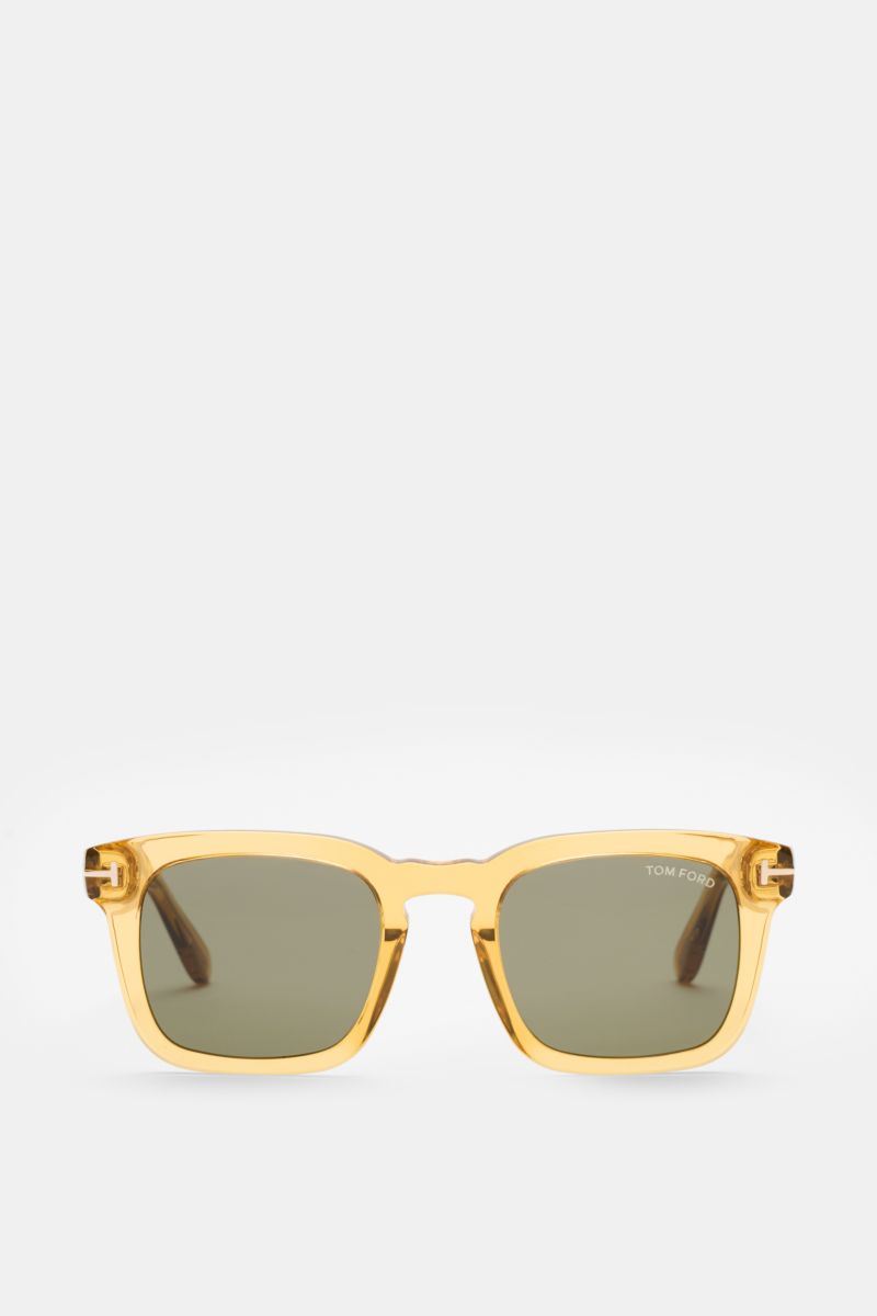 Tom Ford Sonnenbrille 'Dax' gelb/grün, frontale Nahaufnahme, 1960er Herrenbrillen-Stil, eckiger Acetat-Rahmen, polarisierte Gläser, UV-Schutz.