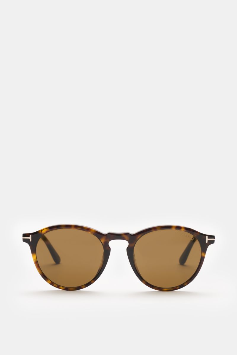 Front view of Tom Ford Sonnenbrille 'Aurele' dunkelbraun gemustert/braun featuring classic panto shape, tortoise acetate frame, and evenly tinted brown lenses with 100% UV protection, filter category 3, including velvet hard case.